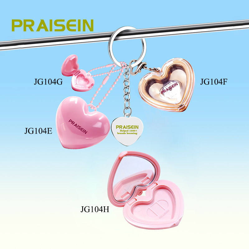 Customizable Heart-Shaped Pink Cosmetic Powder Compact Case With Keychain Private Label Blush Containers