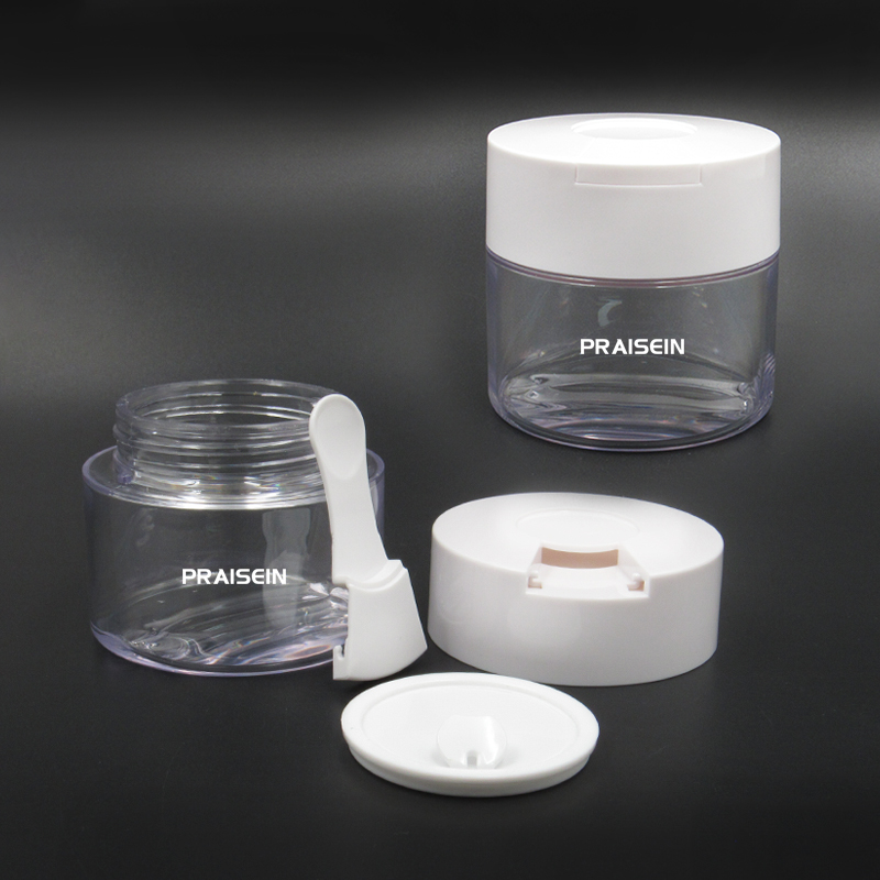 New round cream jar cosmetic container custom wholesale 50g/80g/100g empty transparent face cream jars with plastic spoon