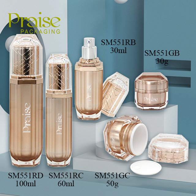 Gold acrylic cosmetics bottles wholesale plastic lotion empty container with pump and cosmetics jars customized