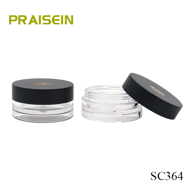 Portable round plastic cosmetic jars, empty transparent small eye shadow case with black lid custom label