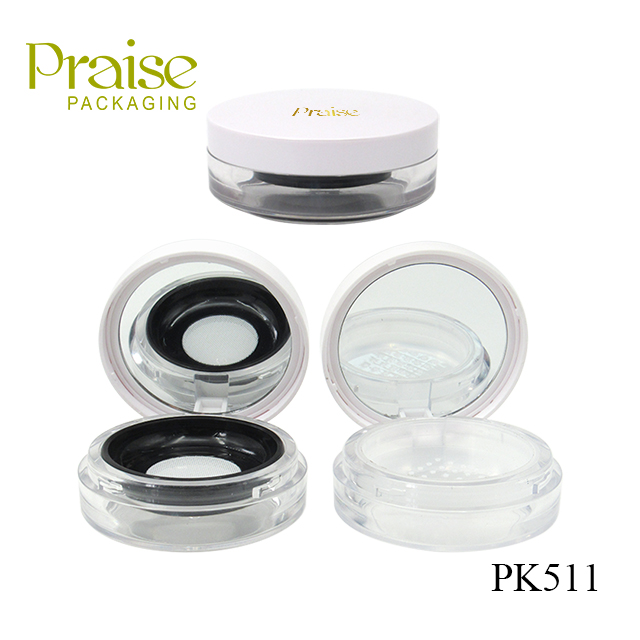 Round clamshell rotary switch Plastic cosmetic loose powder container jar with sieve custom packaging