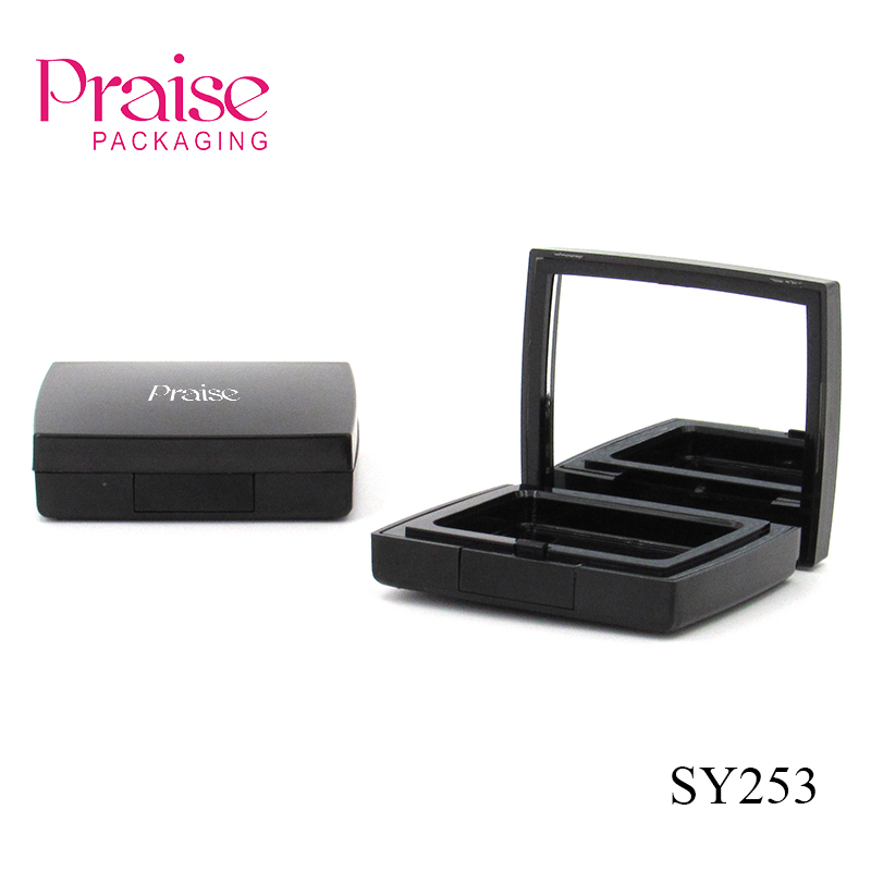 Smooth black plastic eye shadow case with mirror, empty square monochromatic blush powder container cosmetics packaging