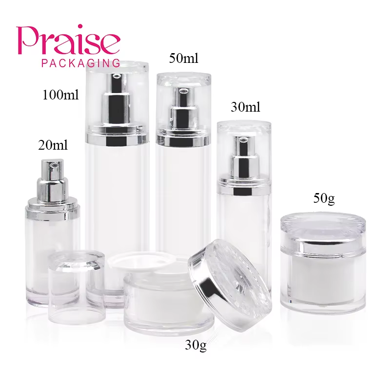 Multi-capacity round acrylic lotion essence bottles with pump, empty cream jar, rose gold plastic skin care bottle set custom