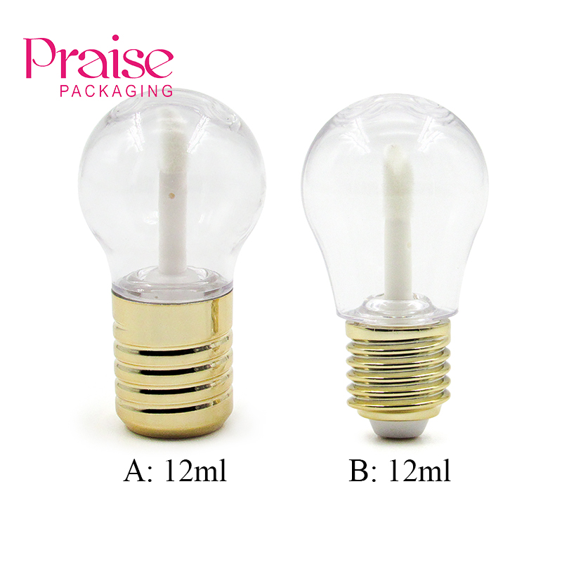 Creative Makeup Mini Small Bulb Shape Lipgloss 12ml Empty Tubes Container Packaging, Plastic Clear Body Gold Lid