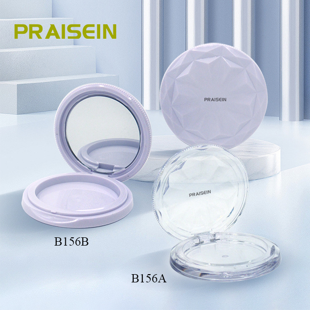 Supplier produces plastic powder compact case with custom labels for round transparent cosmetic powder packaging containers