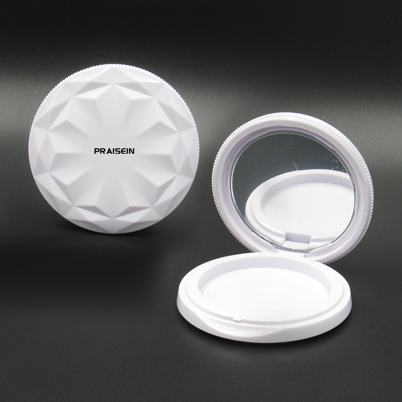 Supplier produces plastic powder compact case with custom labels for round transparent cosmetic powder packaging containers