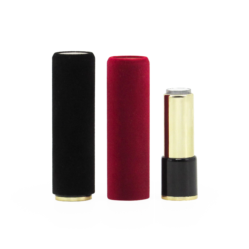 Exquisite unique velvet lipstick tube , round spring press type plastic lipstick shell customized logo and colors