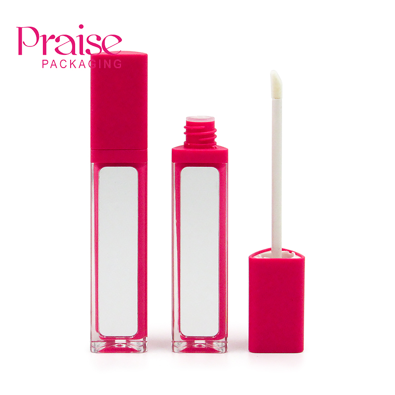 Custom processing logo label cosmetic triangle pink empty Lipgloss Tube makeup double wall plastic packaging with mirror