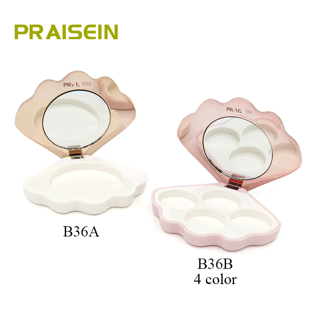 New style sea shell shape cosmetic highlight blush container, 4 color plastic eye shadow case with mirror custom packaging