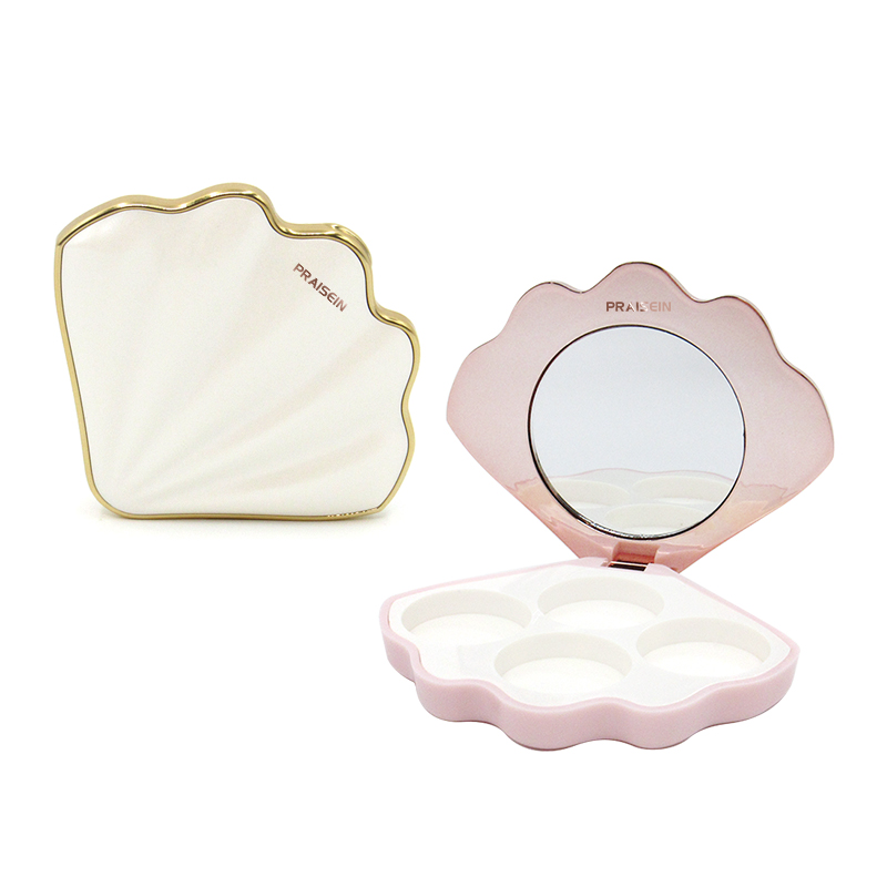 New style sea shell shape cosmetic highlight blush container, 4 color plastic eye shadow case with mirror custom packaging