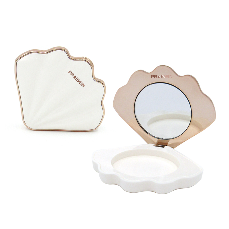 New style sea shell shape cosmetic highlight blush container, 4 color plastic eye shadow case with mirror custom packaging