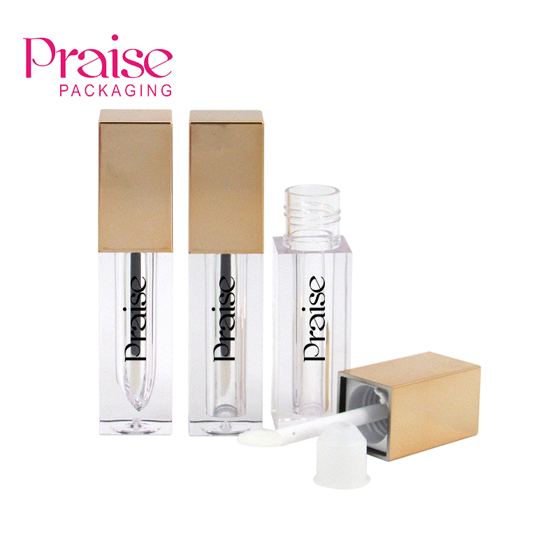 Eco friendly PETG plastic cosmetic lip gloss packaging tube custom square empty clear lip gloss container with gold lid