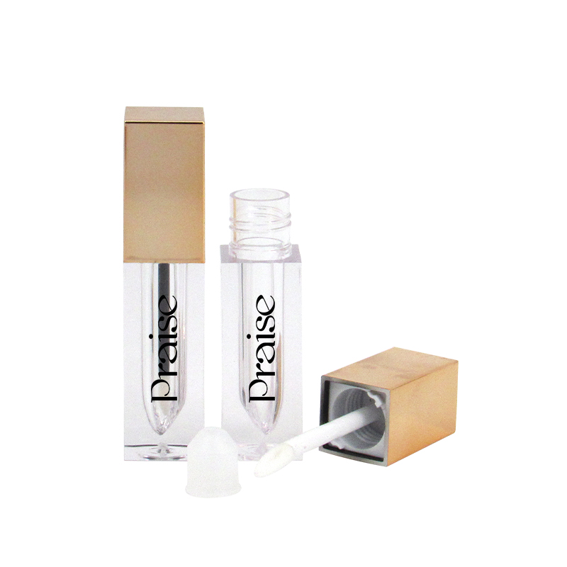 Eco friendly PETG plastic cosmetic lip gloss packaging tube custom square empty clear lip gloss container with gold lid