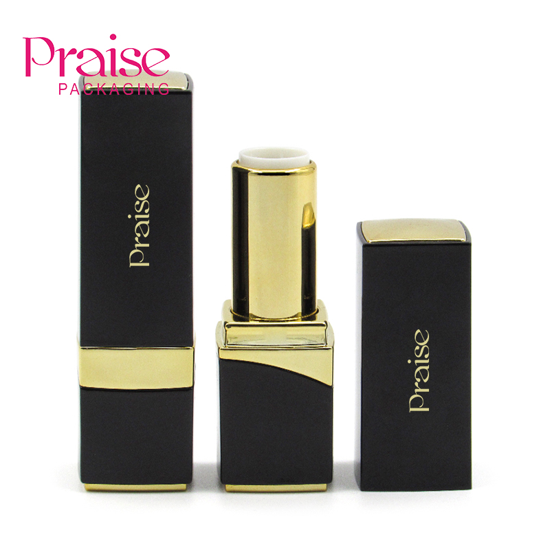 Bright black light luxury lipstick empty tube ,square buckle lipbalm tube cosmetic packaging manufacturers custom processing