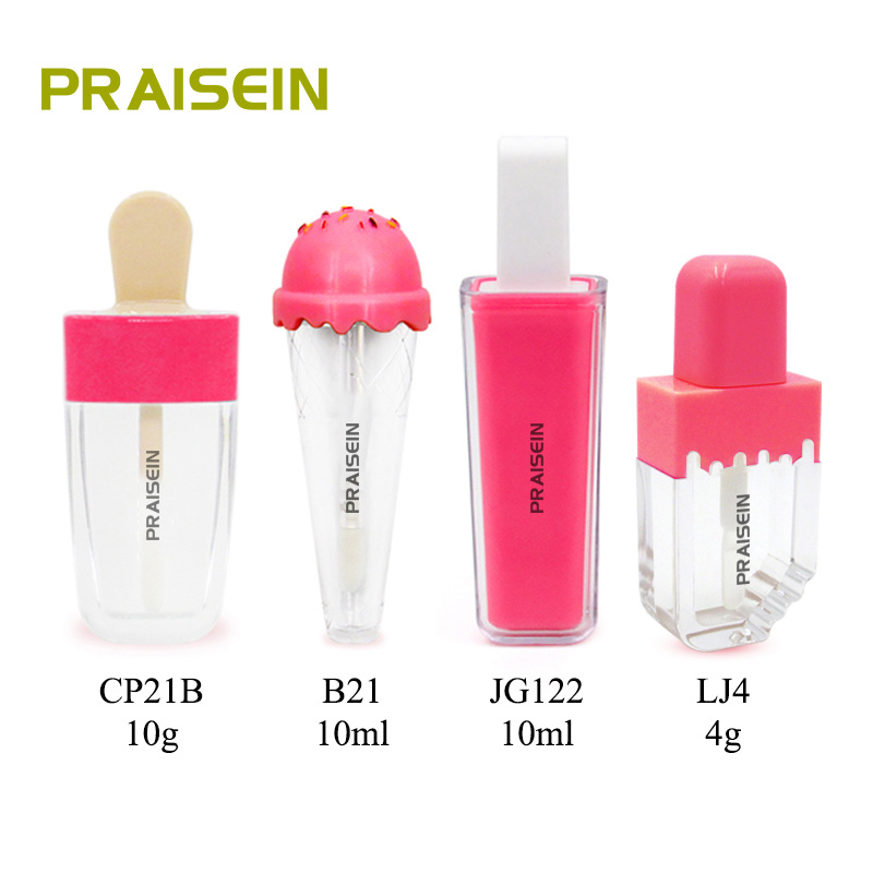 Wholesale Pink Ice cream lip gloss tube 4g 10g plastic clear cosmetic lip gloss container with brush