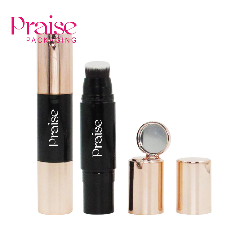 High quality smooth 2 in 1 plastic concealer container packaging, round two-head foundation tube with mirror and brush