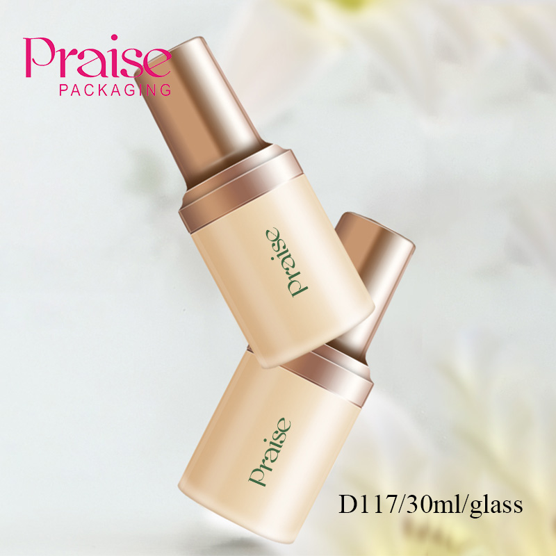 Good quality 30ml round glass liquid foundation container, empty cosmetics lotion bottle with rose gold pump, printed logo