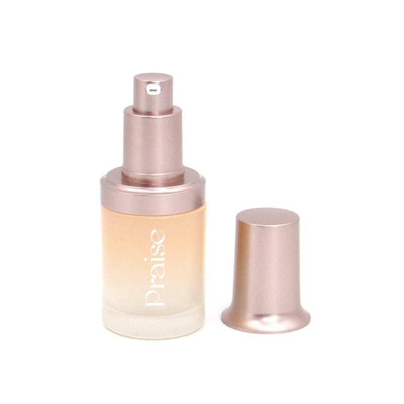 Good quality 30ml round glass liquid foundation container, empty cosmetics lotion bottle with rose gold pump, printed logo