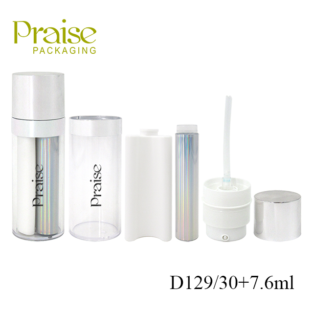 30ml+7.6ml spraying silver plastic bottle, double tube designed lotion essence container with pump wholesale skin care packaging