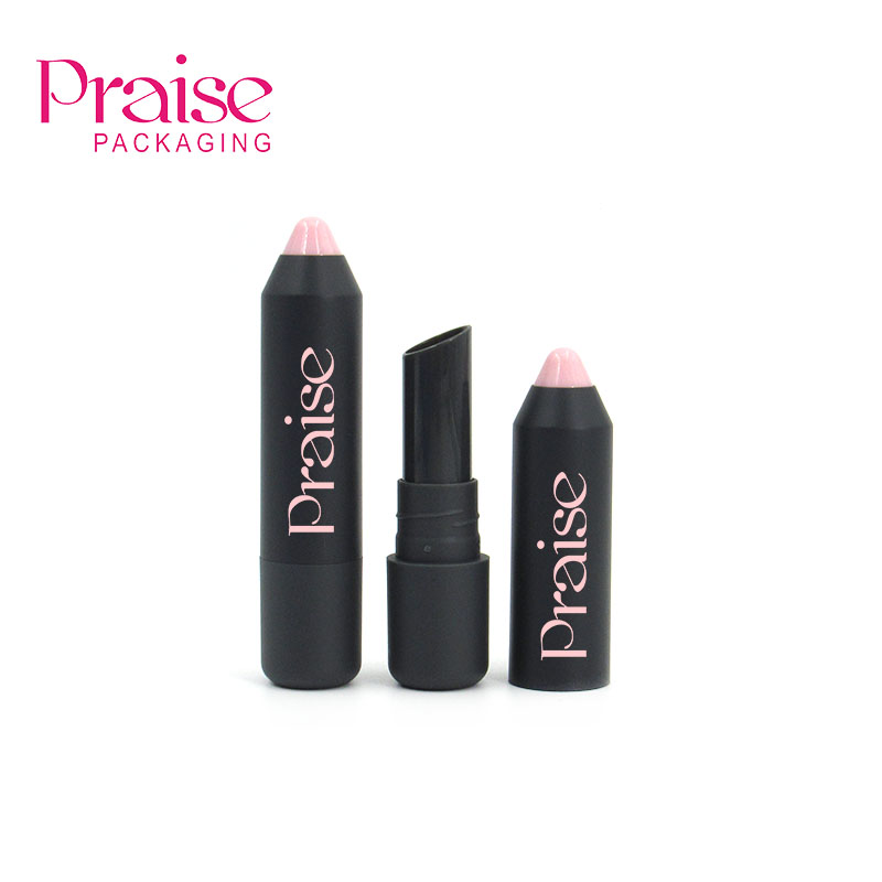 Plastic packaging custom black empty lipstick tube, pencil-shaped round lip balm container with swivel lid for ladies and girls