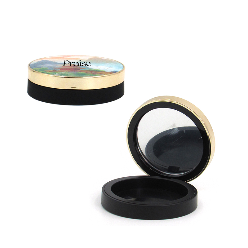 High quality plastic blush powder compact, round magnetic adsorption cosmetic compact powder empty case packaging free sample