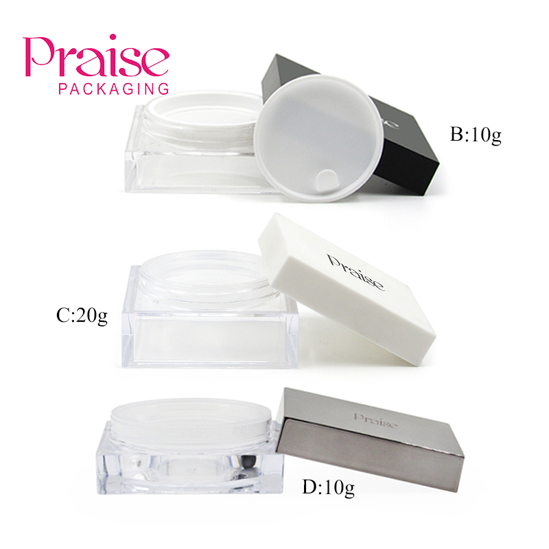 10g/20g portable transparent square loose powder case packaging, empty plastic makeup powder case with elastic mesh screen