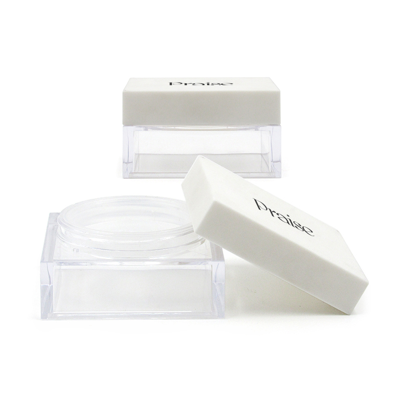 10g/20g portable transparent square loose powder case packaging, empty plastic makeup powder case with elastic mesh screen