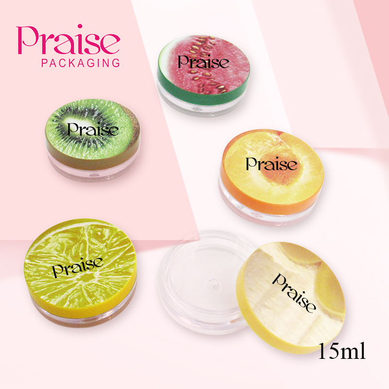 Customized lovely fruit pattern face cream sample jar, wholesale 15ml empty clear circular eyeliner cream case plastic packaging