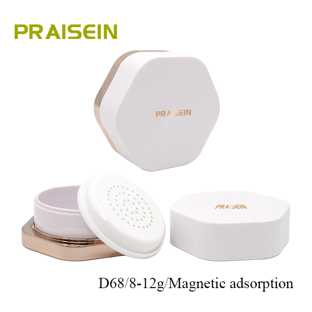 Custom magnetic adsorption loose powder case, 8-12g hexagonal plastic cosmetic powder containers with white lid