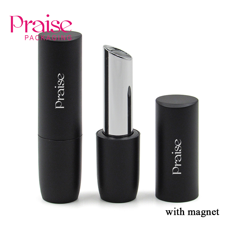 Wholesale hot-selling cosmetics black plastic empty lipbalm container round magnet lipstick packaging tube custom private label