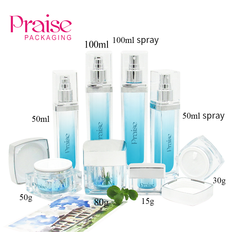 Luxury Acrylic skin care bottle set custom square double-wall lotion bottle with plastic pump, wide mouth cream packaging jars