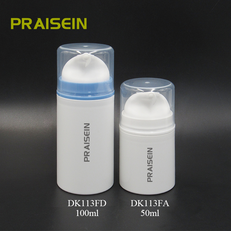 Cylindrical white plastic essence lotion bottle 50ml 100ml airless lotion pump bottle with custom logo