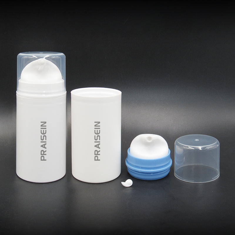 Cylindrical white plastic essence lotion bottle 50ml 100ml airless lotion pump bottle with custom logo