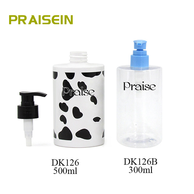 Wholesale custom empty transparent Shampoo Conditioner bottle with pump, 300ml/500ml Cute cow pattern plastic bottle packaging