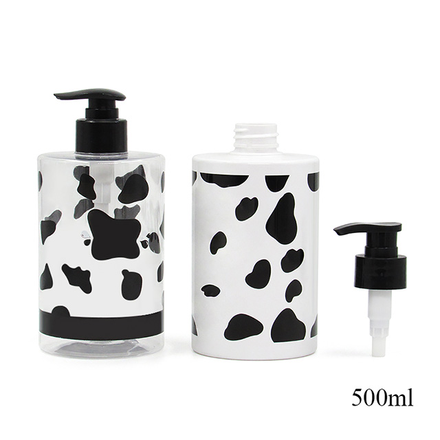 Wholesale custom empty transparent Shampoo Conditioner bottle with pump, 300ml/500ml Cute cow pattern plastic bottle packaging