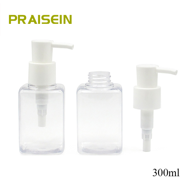 Custom pattern empty clear lotion square bottle with pump, wholesale Press type PET plastic packaging, Lotion container 300ml