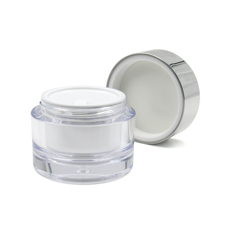 Double wall injection molded face cream jar, 50ml silver round cream jar,plastic cosmetic empty jar private custom logo