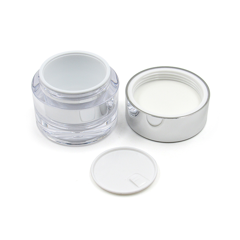 Double wall injection molded face cream jar, 50ml silver round cream jar,plastic cosmetic empty jar private custom logo