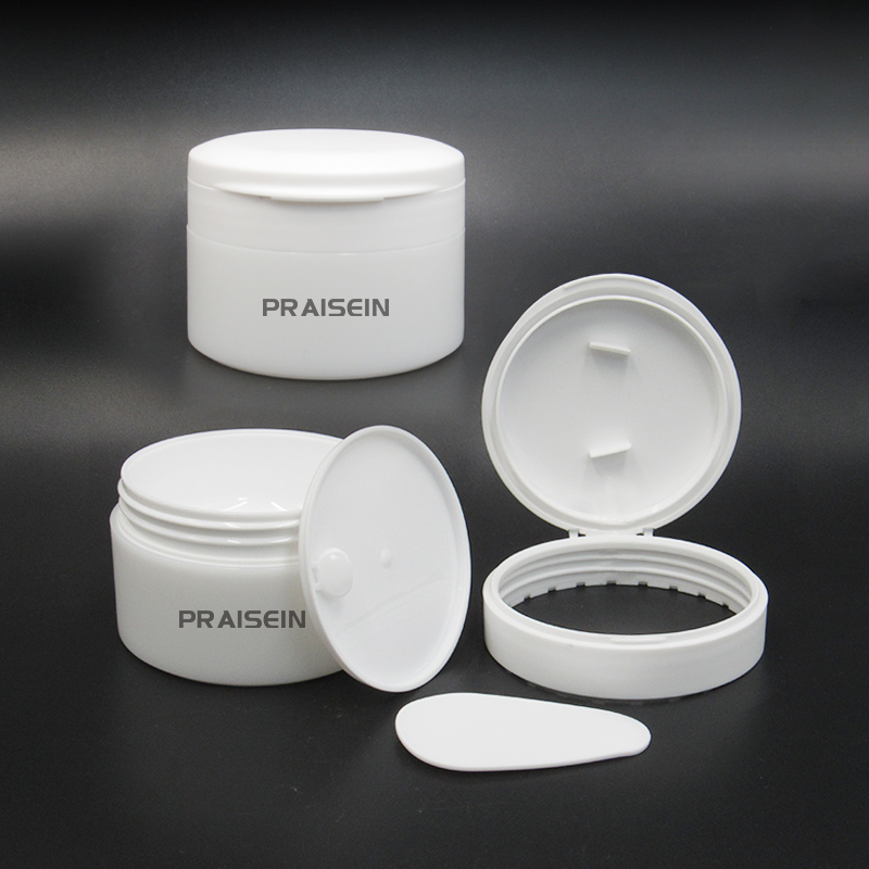 Circular clamshell cosmetic jar custom 50g 100g 200g cream plastic packaging container face cream jar with spoon