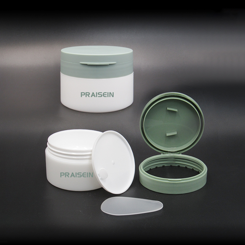 Circular clamshell cosmetic jar custom 50g 100g 200g cream plastic packaging container face cream jar with spoon