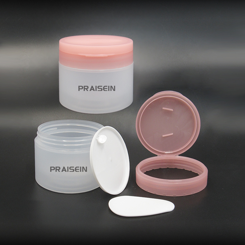 Circular clamshell cosmetic jar custom 50g 100g 200g cream plastic packaging container face cream jar with spoon