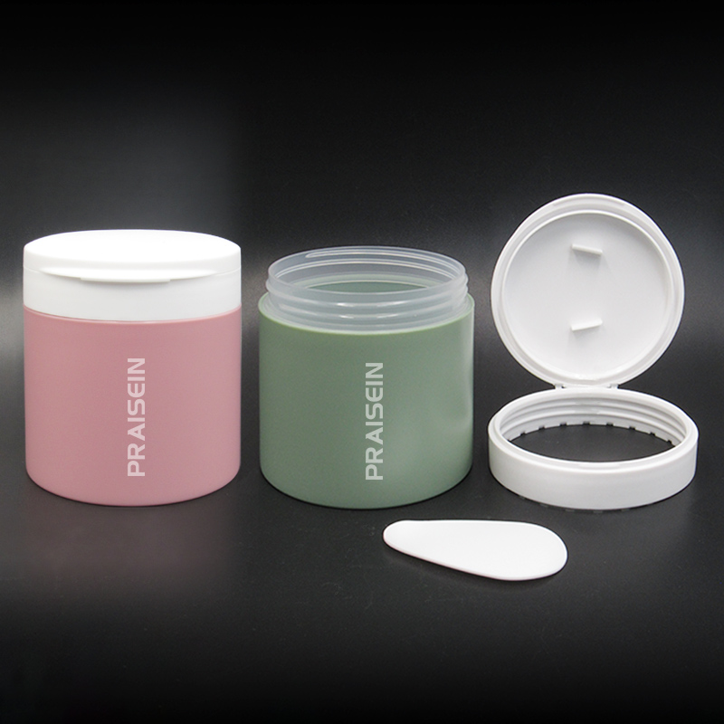 Circular clamshell cosmetic jar custom 50g 100g 200g cream plastic packaging container face cream jar with spoon