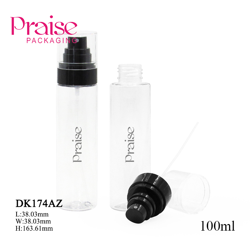 Sales 100ml empty can be filled make up water spray bottle,PET transparent nozzle bottle with fine mist pump skin care packaging