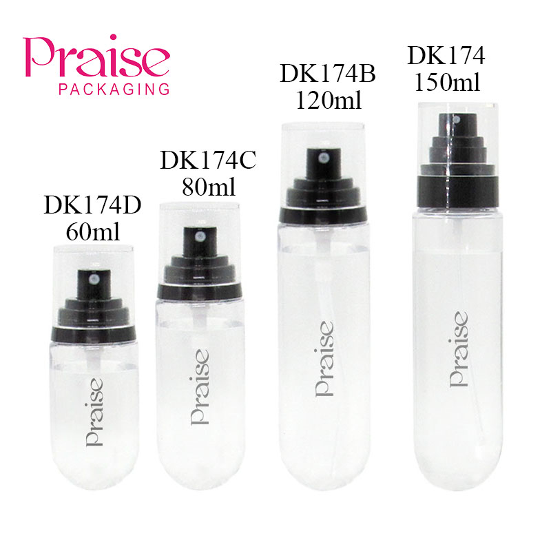 Customized transparent fine mist spray bottle high quality 80ml/120ml/150ml with pump round empty PET plastic bottle container