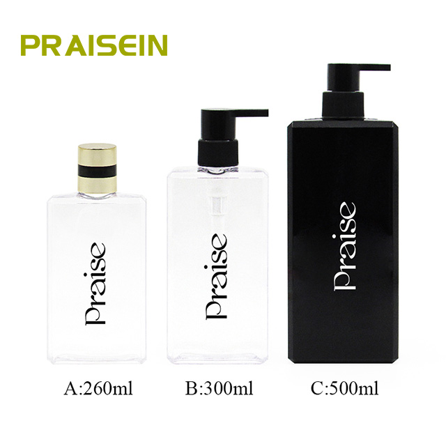 Square PETG plastic cosmetic lotion bottle 260ml/300ml/500ml shampoo and body wash package bottle, with smooth screw cap/pump