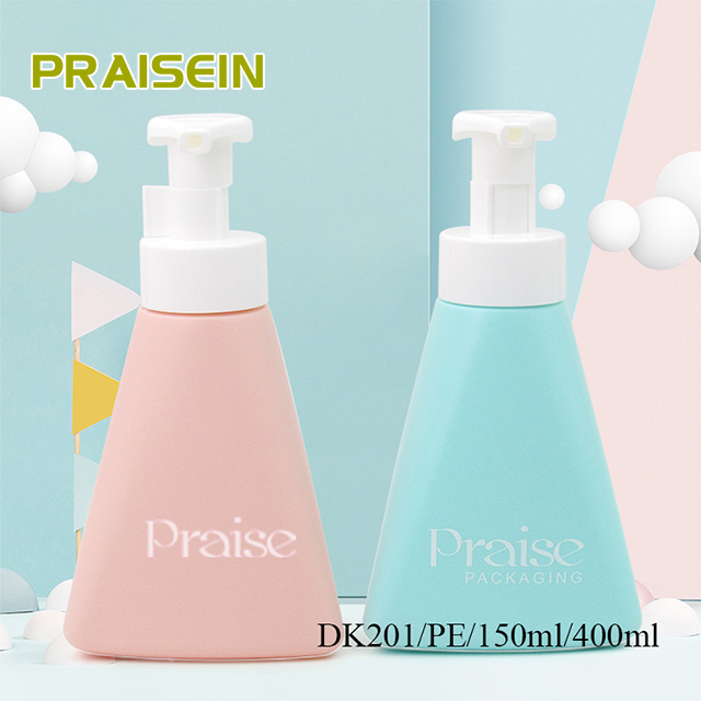 Factory price triangular press type foam lotion bottles 150ml/400ml capacity PE plastic bottle for makeup shower foam and more