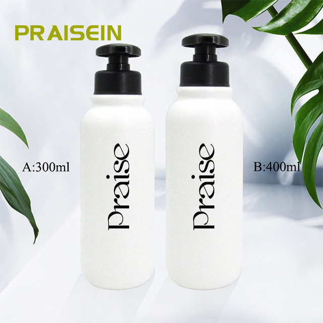 Factory direct PE plastic round shampoo bottle with black lotion pump, capacity 300ml/400ml, customized private label