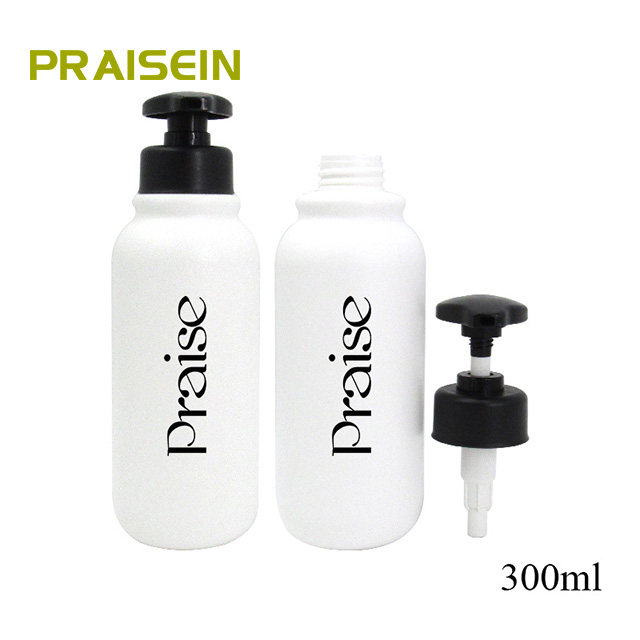 Factory direct PE plastic round shampoo bottle with black lotion pump, capacity 300ml/400ml, customized private label