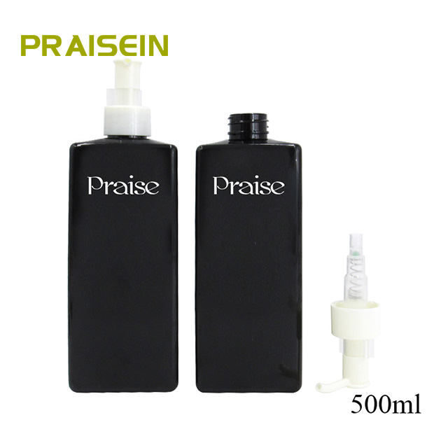 PET press type square shape wash guard bottle supply 500ml black flat shoulder shampoo bottle, body wash plastic empty bottle