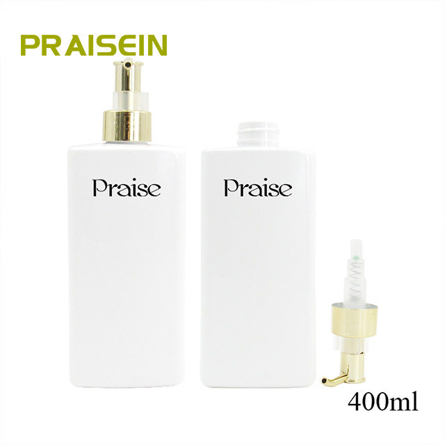 Manufacturer wholesale 400ml white press type plastic bottle, square cosmetic lotion shampoo container with gold cover pump